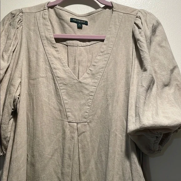 For Cynthia Tan Mini Dress with Puff Sleeves and Crew Neck Rounded Bottom Detail - Picture 5 of 15